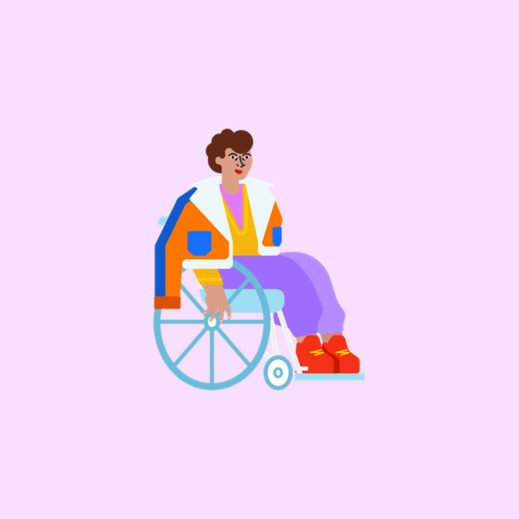 An illustration of person with brown hair wheeling with a smile. They are wearing an orange shearling coat with blue pockets. They wear red wedge heel shoes.