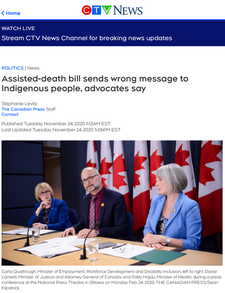 Screenshot of a CTV News article titled "Assisted-death bill sends wrong message to Indigenous People, advocates say" by Stephanie Levitz published on Tuesday, November 24, 2020