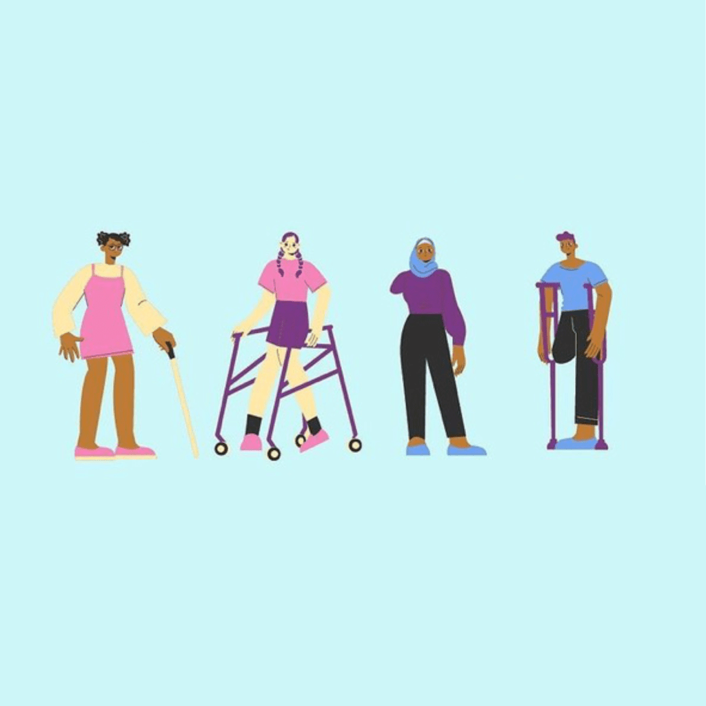Illustrated graphic of four disabled people. A Black woman with black hair in a pink dress is standing and holding a cane. Next to her is a white woman with brown hair in braids with a pink top and purple skirt is walking using a mobility assistance device. Next to her, a Black woman amputee wearing a blue hijab that matches her blue shoes is talking to another Black person with an amputated leg and holding crutches.